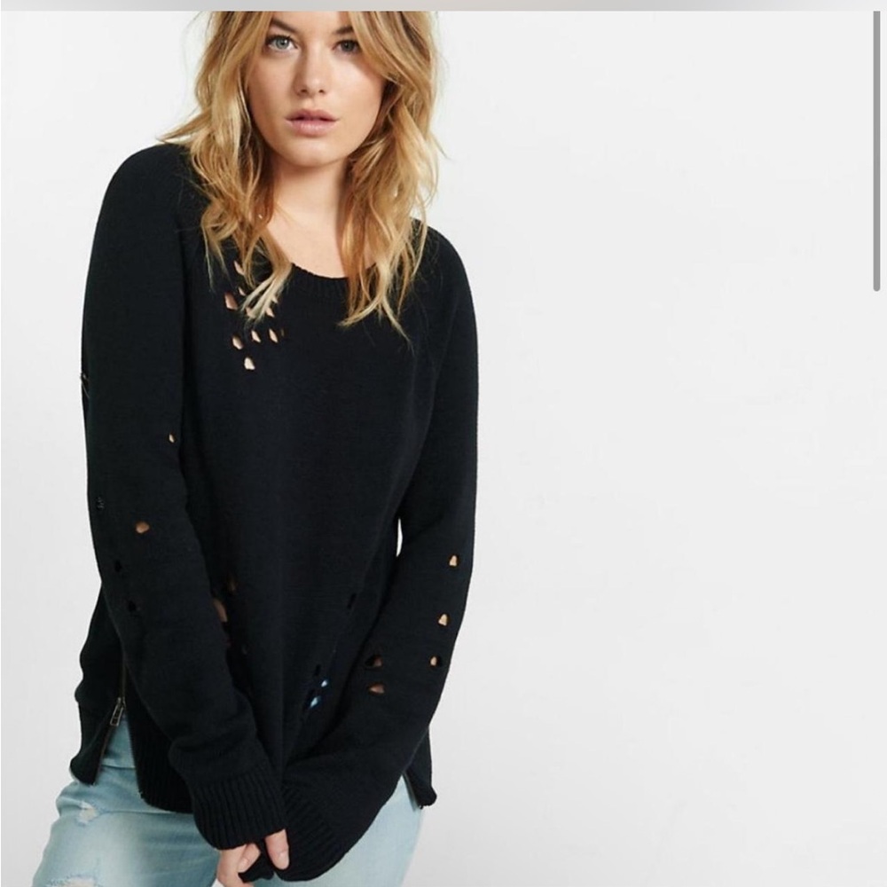 Express Black Distressed Crew Neck Sweater